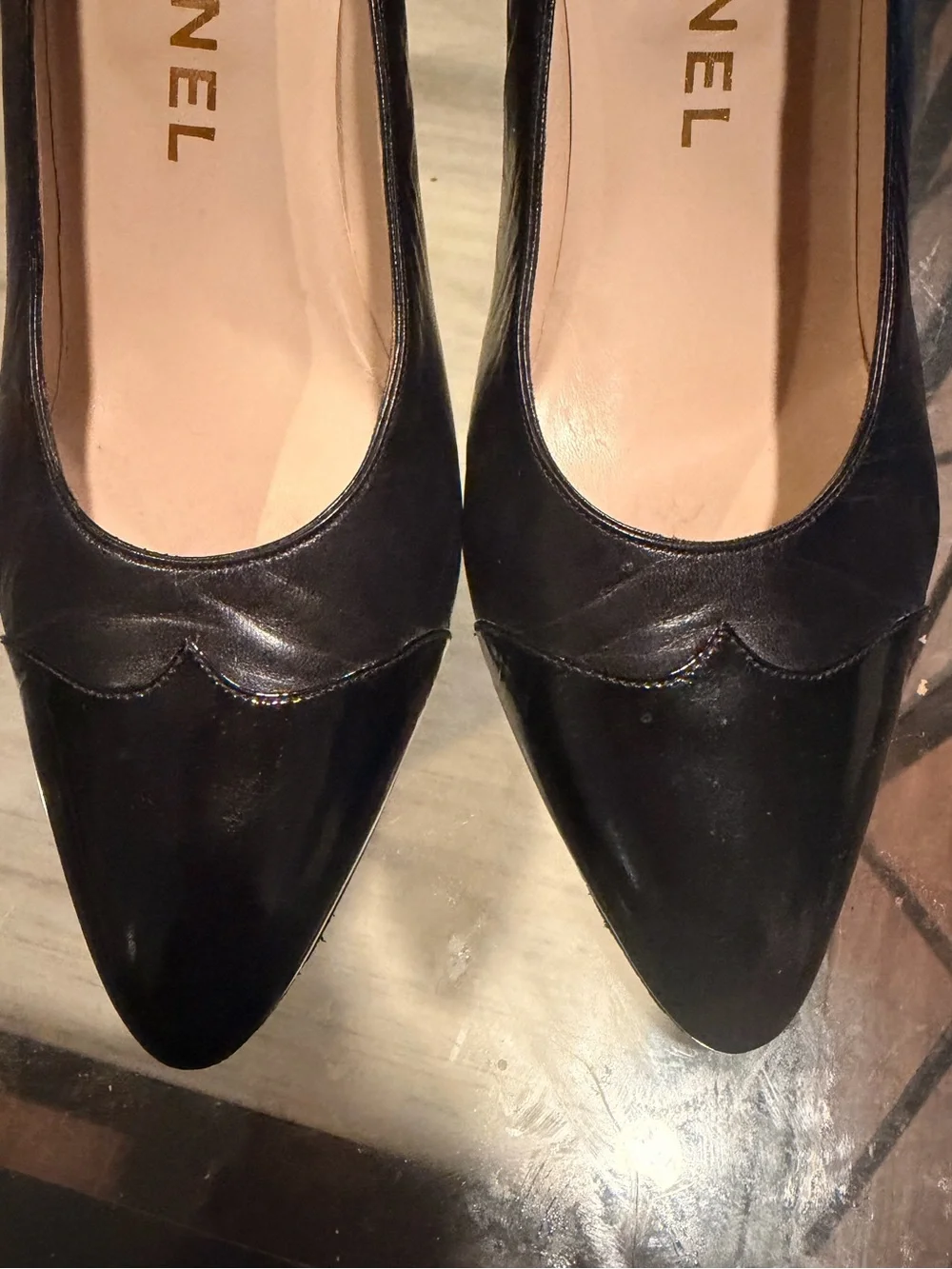 CHANEL Black Patent and Leather Pointed Toe Pumps